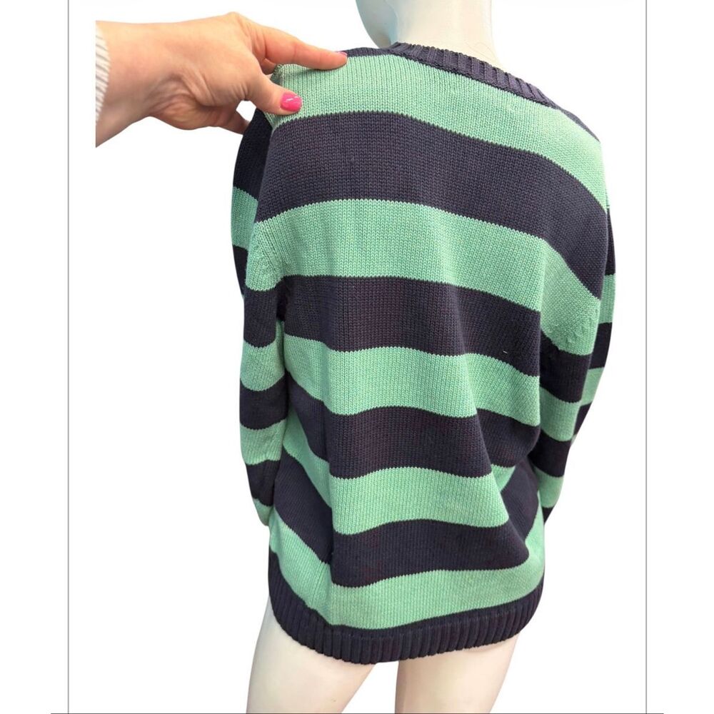 Lands End Classic Striped Crew Neck Sweater Women’s Size Medium Green and Navy B - Picture 5 of 11